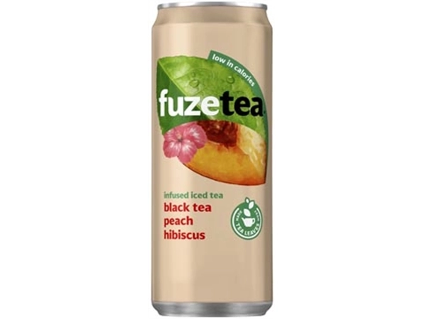 Een Fuze Tea perzik hibiscus frisdrank, sleek blik van 33 cl, pak van 24 stuks koop je bij Muys Kantoor & Kado