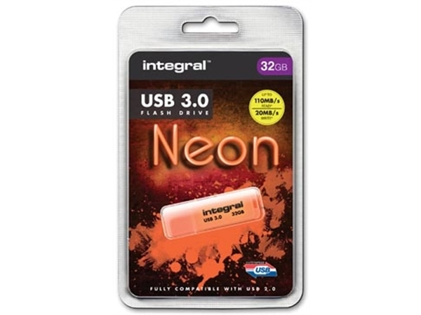 Een Integral Neon USB 3.0 stick, 32 GB, oranje koop je bij Muys Kantoor & Kado