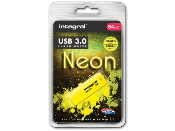 Een Integral Neon USB 3.0 stick, 64 GB, geel koop je bij best4office