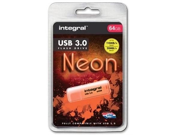 Een Integral Neon USB 3.0 stick, 64 GB, oranje koop je bij best4office