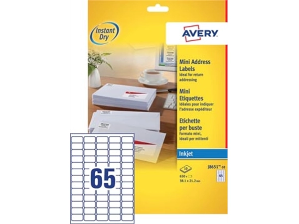 Een Avery J8651-10 mini etiketten ft 38,1 x 21,2 mm (b x h), 650 etiketten, wit koop je bij best4office