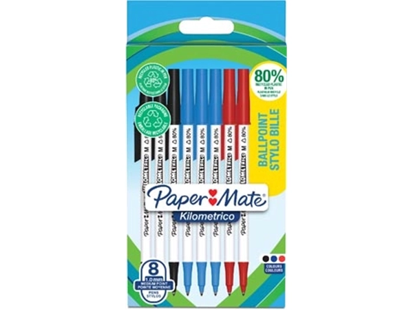 Een Paper Mate balpen Kilometrico, medium, blister van 8 stuks, assorti koop je bij Muys Kantoor & Kado