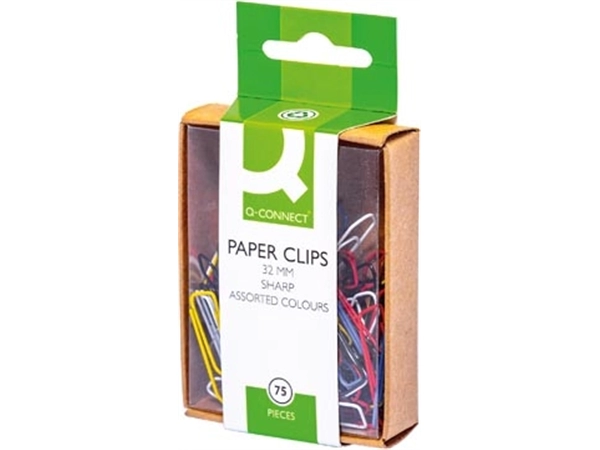 Een Q-CONNECT papierklemmen, 32 mm, doos van 75 stuks, ophangbaar, geassorteerde kleuren. koop je bij best4office