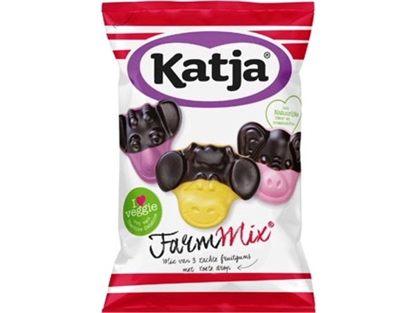 Een Katja Farm Mix snoep, mix van 3 zachte fruitgums met zoete drop, zak van 255 g koop je bij Muys Kantoor & Kado