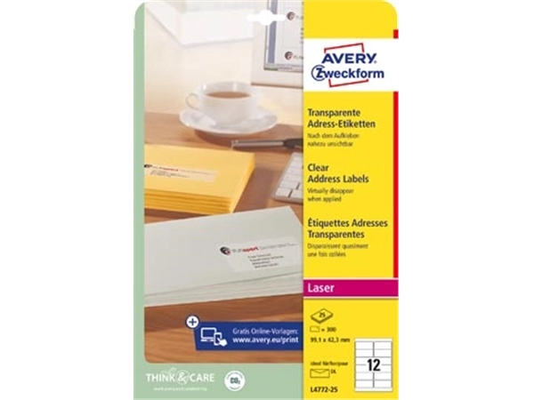 Een Avery transparante etiketten QuickPEEL ft 99,1 x 42,3 mm (b x h), 300 stuks, 12 per blad koop je bij best4office