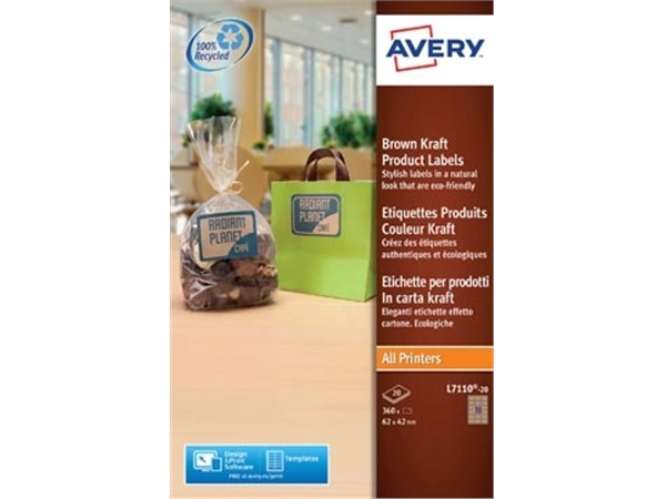 Een Avery L7110-20 productetiketten ft 62 x 42 mm (b x h), 360 etiketten, kraft koop je bij best4office