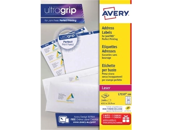 Een Avery L7159, Adresetiketten, Laser, Ultragrip, wit, 100 vellen, 24 per vel, 63,5 x 33,9 mm koop je bij best4office