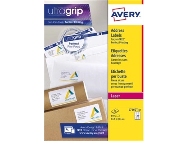 Een Avery L7160, Adresetiketten, Laser, Ultragrip, wit, 40 vellen, 21 per vel, 63,5 x 38,1 mm koop je bij best4office