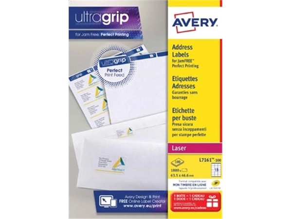 Een Avery L7161, Adresetiketten, Laser, Ultragrip, wit, 100 vellen, 18 per vel, 63,5 x 46,6 mm koop je bij best4office