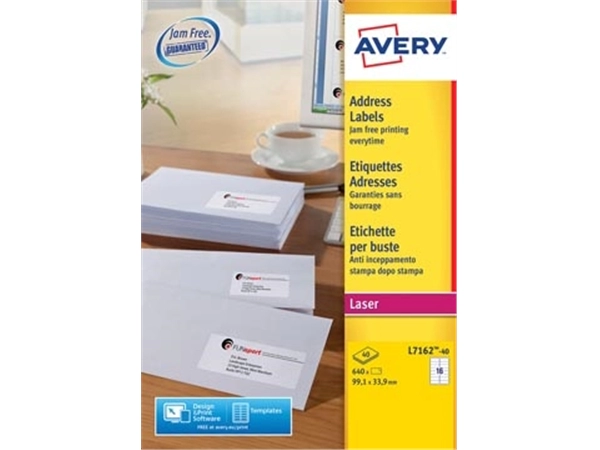 Een Avery L7162, Adresetiketten, Laser, Ultragrip, wit, 40 vellen, 16 per vel, 99,1 x 33,9 mm koop je bij best4office