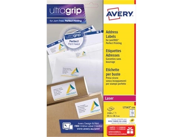 Een Avery L7163, Adresetiketten, Laser, Ultragrip, wit, 250 vellen, 14 per vel, 99,1 x 38,1 mm koop je bij best4office