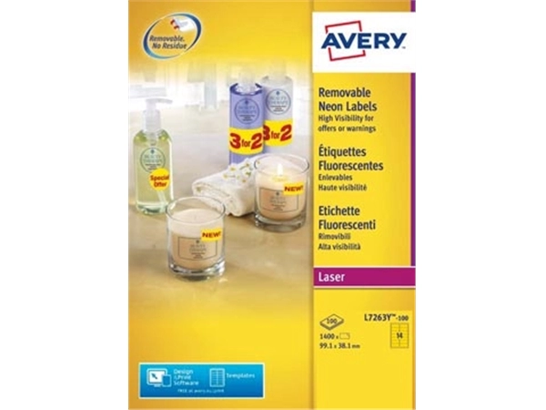 Een Avery afneembare neon etiketten ft 99,1 x 38,1 mm (b x h), doos van 100 blad, 1400 stuks, neongeel koop je bij best4office