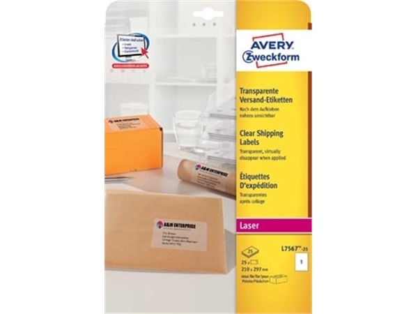 Een Avery L7567-25 verzendetiketten ft 210 x 297 mm (b x h), 25 etiketten, transparant koop je bij best4office