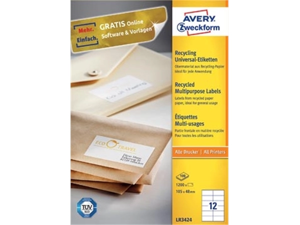 Een Avery Witte gerecycleerde universele etiketten ft 105 x 48 mm (b x h), 1.200 stuks, 12 per blad koop je bij best4office