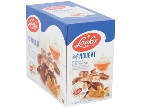 Een Lonka Nougat, per stuk verpakt, 12g, doos van 214 stuks, pinda melkchocolade koop je bij Muys Kantoor & Kado