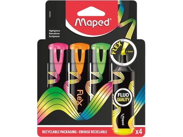 Een Maped Fluo'Peps Flex markeerstift, assorti, doosje van 4 stuks koop je bij Muys Kantoor & Kado