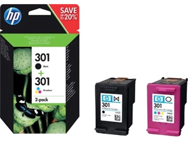 Een HP inktcartridge 301, 165-190 pagina's, OEM N9J72AE, 1x zwart en 1 x 3 kleuren koop je bij best4office