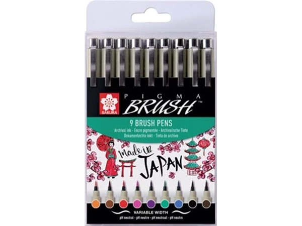 Een Sakura brushpen Pigma Brush, etui van 9 stuks, in geassorteerde kleuren koop je bij best4office