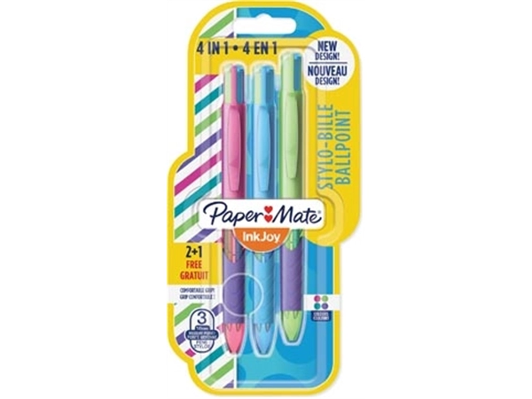 Een Paper Mate Inkjoy Quatro Joie de Vivre 4-kleurenbalpen, medium, klassieke inktkleuren, blister 2 + 1 grat koop je bij Muys Kantoor & Kado