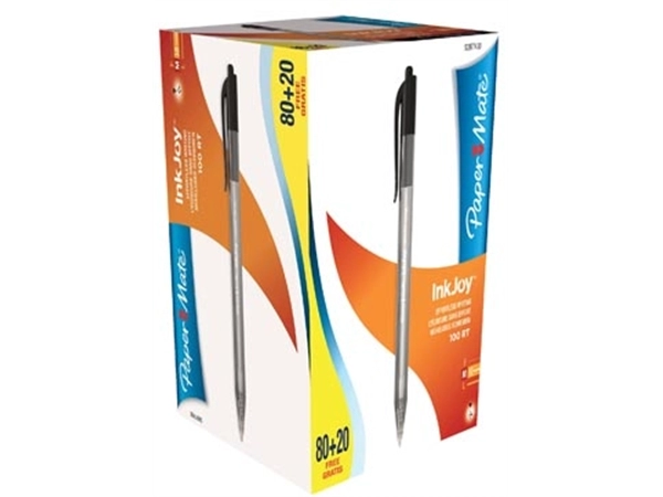 Een Paper Mate balpen InkJoy 100 RT, zwart, doos 80 + 20 gratis koop je bij Muys Kantoor & Kado