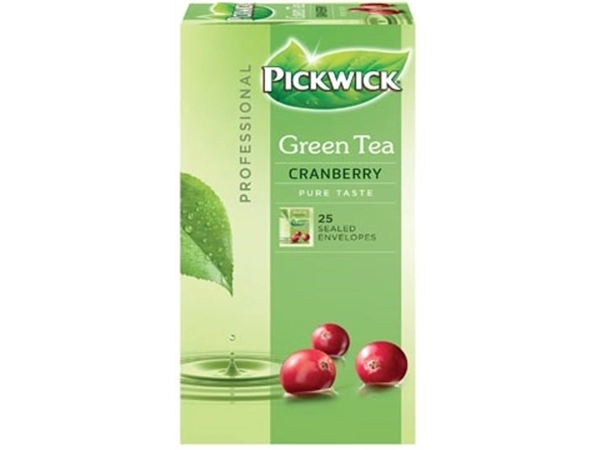 Een Pickwick thee, groene thee Cranberry, pak van 25 zakjes koop je bij Muys Kantoor & Kado