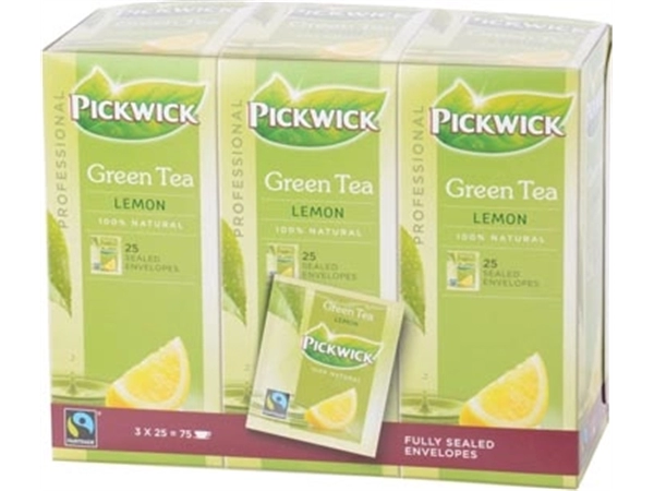 Een Pickwick thee, groene thee met lemon, fairtrade, pak van 25 zakjes koop je bij Muys Kantoor & Kado