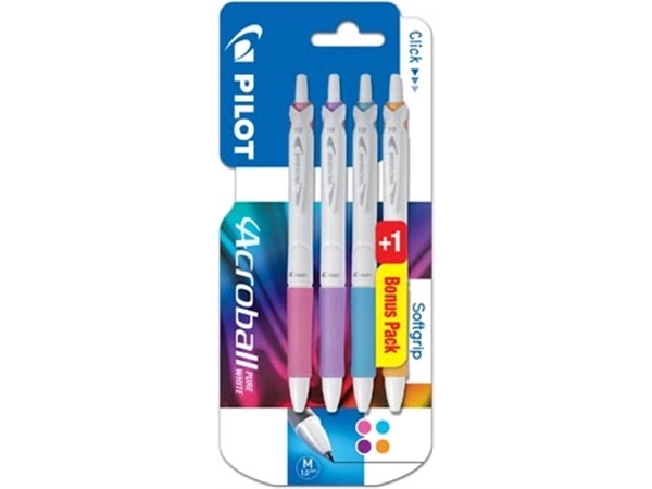 Een Pilot balpen Acroball Pure White, blister van 3 + 1 gratis, in vrolijke kleuren koop je bij Muys Kantoor & Kado