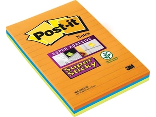 Een Post-It Super Sticky Notes, 45 blaadjes, ft 102 x 152 mm, geassorteerde kleuren, pak van 3 koop je bij Muys Kantoor & Kado