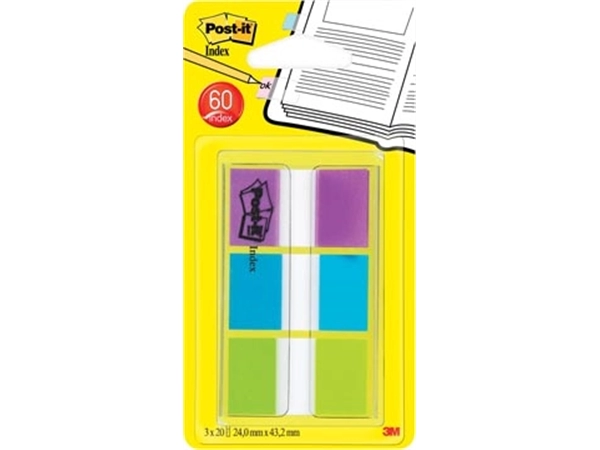 Een Post-it Index standaard, ft 25,4 x 43,2 mm, blister met 3 kleuren, 20 tabs per kleur koop je bij Muys Kantoor & Kado