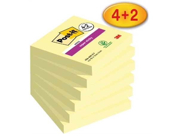 Een Post-it Super Sticky notes Canary Yellow, 90 vel, ft 76 x 76 mm, 4 + 2 GRATIS koop je bij Muys Kantoor & Kado