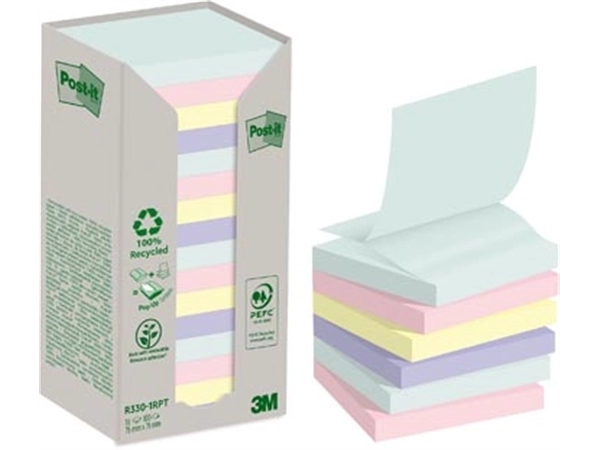 Een Post-it recycled Z-notes, 100 vel, ft 76 x 76 mm, assorti, pak van 16 blokken koop je bij Muys Kantoor & Kado