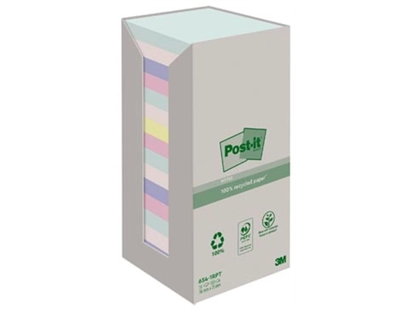 Een Post-it recycled notes Nature, 100 vel, ft 76 x 76 mm, pak van 16 blokken, geassorteerde kleuren koop je bij Muys Kantoor & Kado