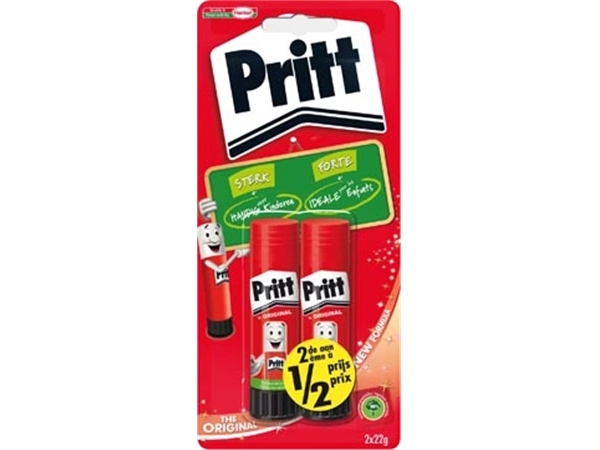 Een Pritt plakstift blister van 2 stuks van 22 g, 2de aan halve prijs koop je bij Muys Kantoor & Kado