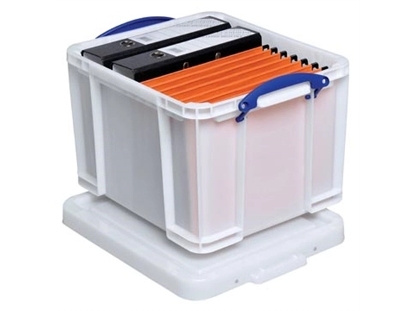 Een Really Useful Box opbergdoos 35 liter, wit met blauwe handvaten koop je bij best4office