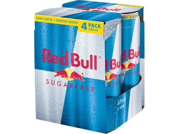 Een Red Bull energiedrank, sugarfree, blik van 25 cl, pak van 4 stuks koop je bij Muys Kantoor & Kado