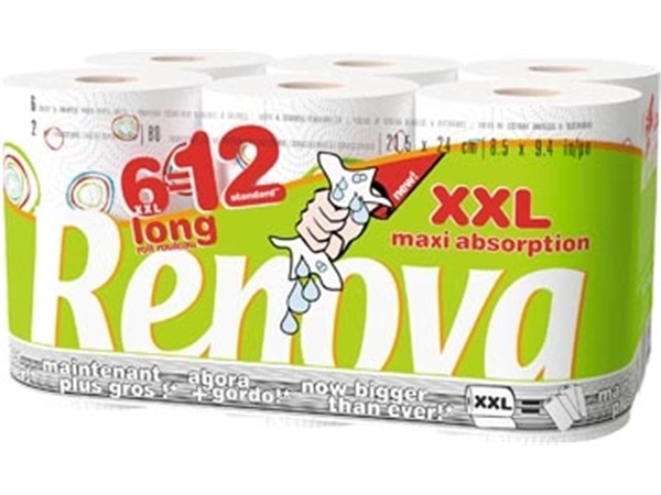 Een Renova keukenpapier Maxi Absorption XXL, 2-laags, 80 vel per rol, pak van 6 rollen koop je bij Muys Kantoor & Kado