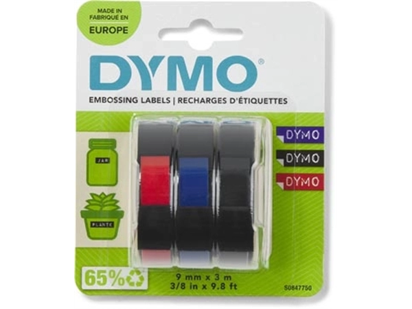 Een Dymo D3 tape 9 mm, geassorteerde kleuren, blister van 3 stuks koop je bij best4office