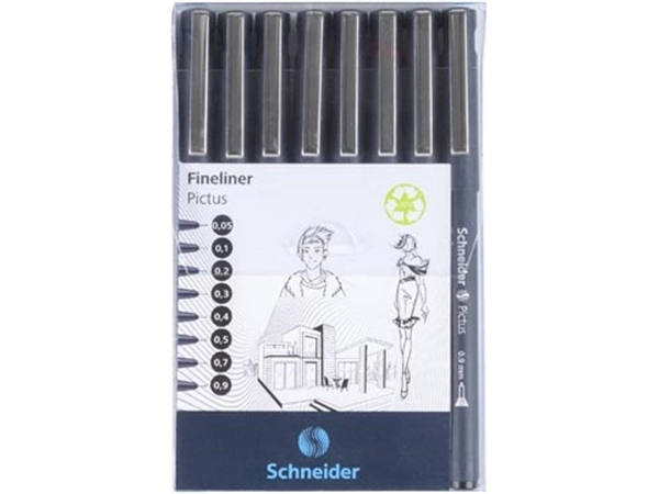 Een Schneider fineliner Pictus, etui van 8 stuks, zwart koop je bij Muys Kantoor & Kado