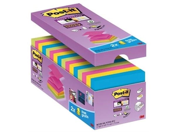 Een Post-it Super Sticky Z-notes, 90 vel, ft 76 x 76 mm, doos van 14 + 2 gratis, geassorteerde kleuren koop je bij Muys Kantoor & Kado