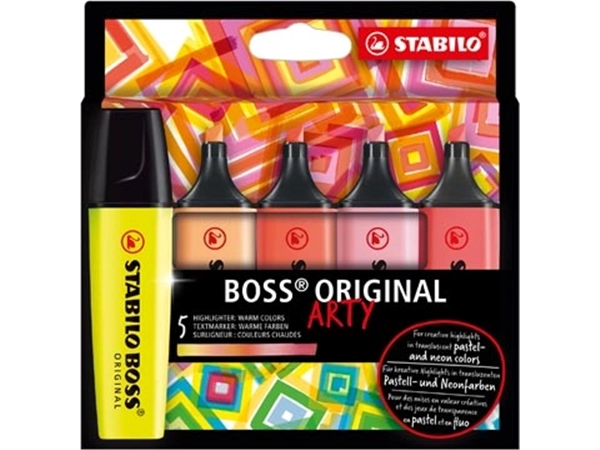 Een STABILO BOSS ORIGINAL markeerstift Arty, kartonnen etui van 5 stuks in geassorteerde kleuren koop je bij Muys Kantoor & Kado