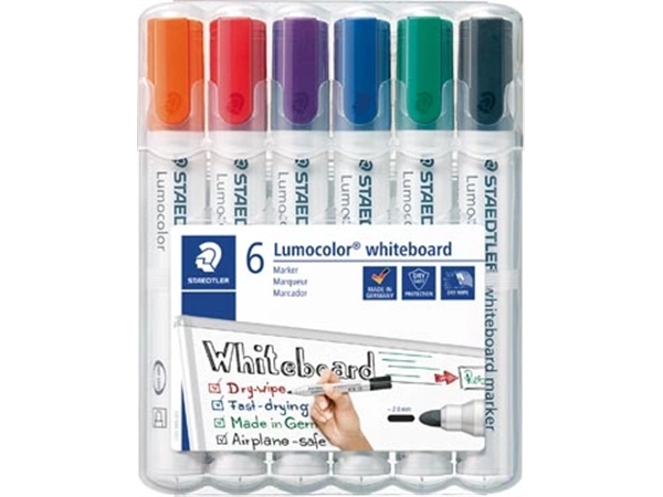 Een Staedtler Lumocolor whiteboardmarker etui van 6 stuks in geassorteerde kleuren koop je bij Muys Kantoor & Kado