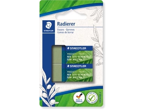 Een Staedtler gum Eco, olijfgroen, ft 43 x 19 x 13 mm, blister van 2 stuks koop je bij Muys Kantoor & Kado