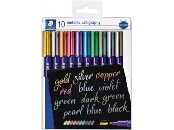 Een Staedtler kalligrafiepen Metallic 8325, etui van 10 stuks in geassorteerde kleuren koop je bij best4office