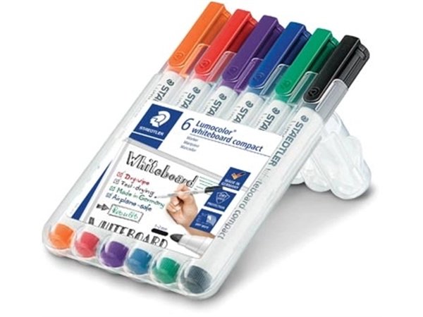 Een Staedtler whiteboardmarker Lumocolor Compact, opstelbare box met 6 stuks in geassorteerde kleuren koop je bij Muys Kantoor & Kado