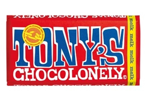 Een Tony's Chocolonely chocoladereep, 180g, melk koop je bij Muys Kantoor & Kado