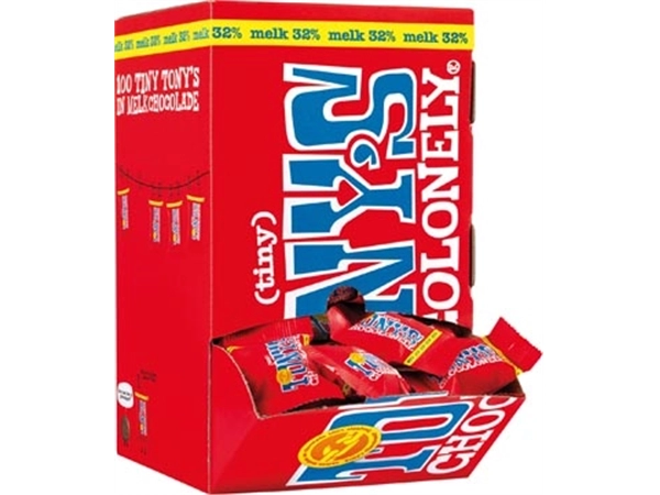 Een Tony's Chocolonely mini chocoladereep, 900g, doos van 100 stuks apart verpakt, melk koop je bij best4office