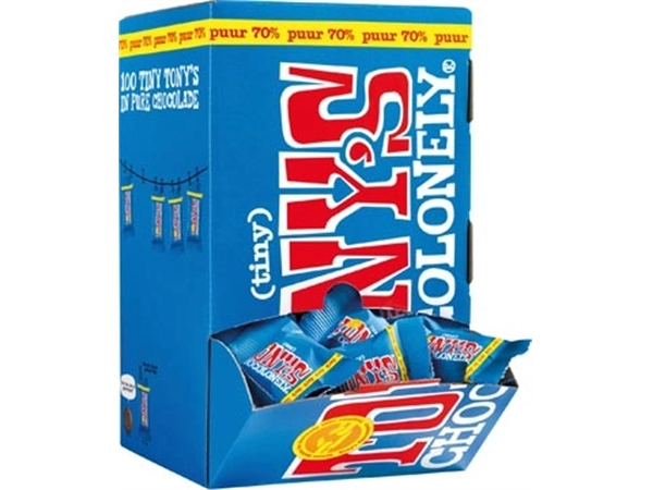 Een Tony's Chocolonely mini chocoladereep, 900g, doos van 100 stuks apart verpakt, puur koop je bij Muys Kantoor & Kado