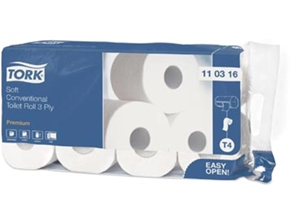 Een Tork Premium toiletpapier extra soft, 3-laags, 250 vellen, systeem T4, wit, pak van 8 rollen koop je bij Muys Kantoor & Kado