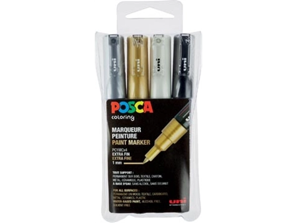 Een Uni POSCA paintmarker PC-1MC, 0,7 mm, etui met 4 stuks in geassorteerde metallic kleuren koop je bij best4office