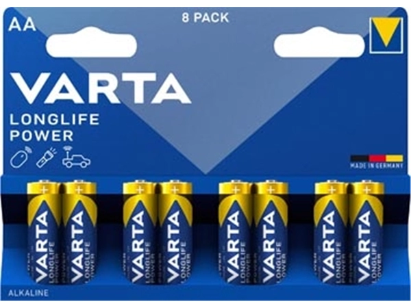 Een Varta batterij Longlife Power AA, blister van 8 stuks koop je bij Muys Kantoor & Kado